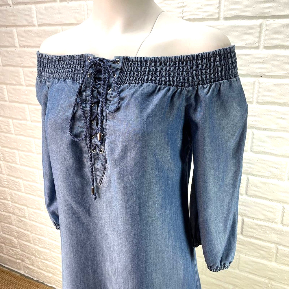 Bebe On Off Shoulder Dress Womens Small Blue Chambray ¾ Sleeve - Picture 2 of 11